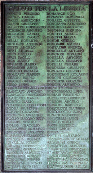 foto, targa in memoria dei caduti della resistenza milanese in cui sono ricordati Biraghi Oreste, Biga e Mario  Moi Antonio
